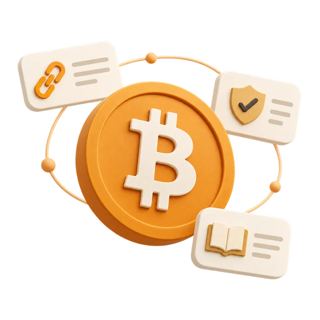 Bitcoin coin surrounded by link, security and guide cards