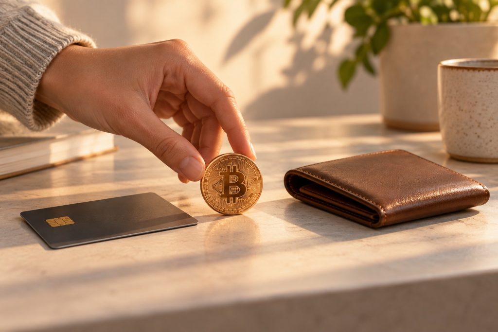 暖かい机の上で、支払いカードと財布の横でビットコイン コインを選択している手のイラスト。