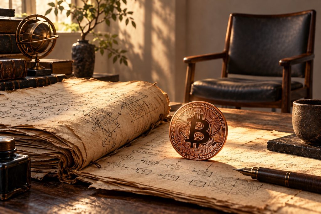 Conceptual illustration of an archival manuscript, Bitcoin coin and empty chair; not a portrait of Satoshi.