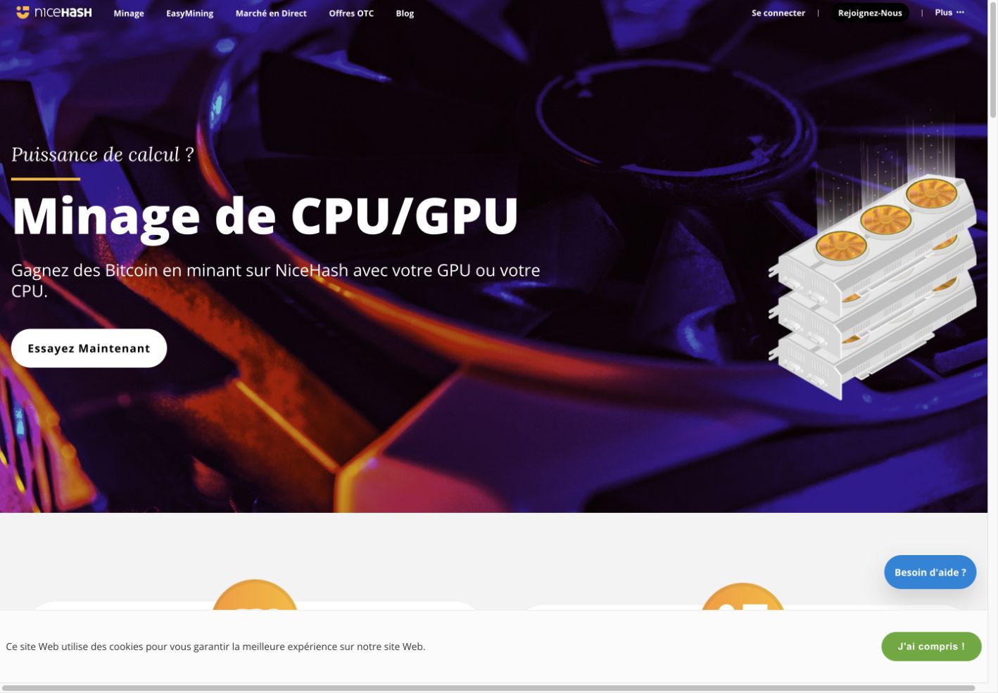 Página oficial NiceHash de productos CPU/GPU; el idioma de la interfaz puede variar.