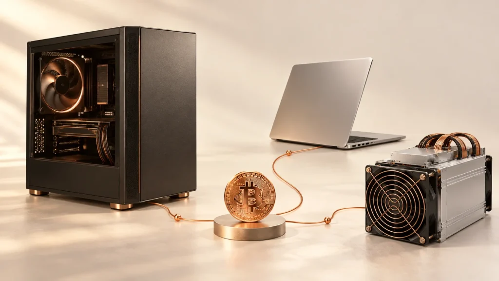 PC, laptop and ASIC around a copper Bitcoin, illustrating their different mining roles.