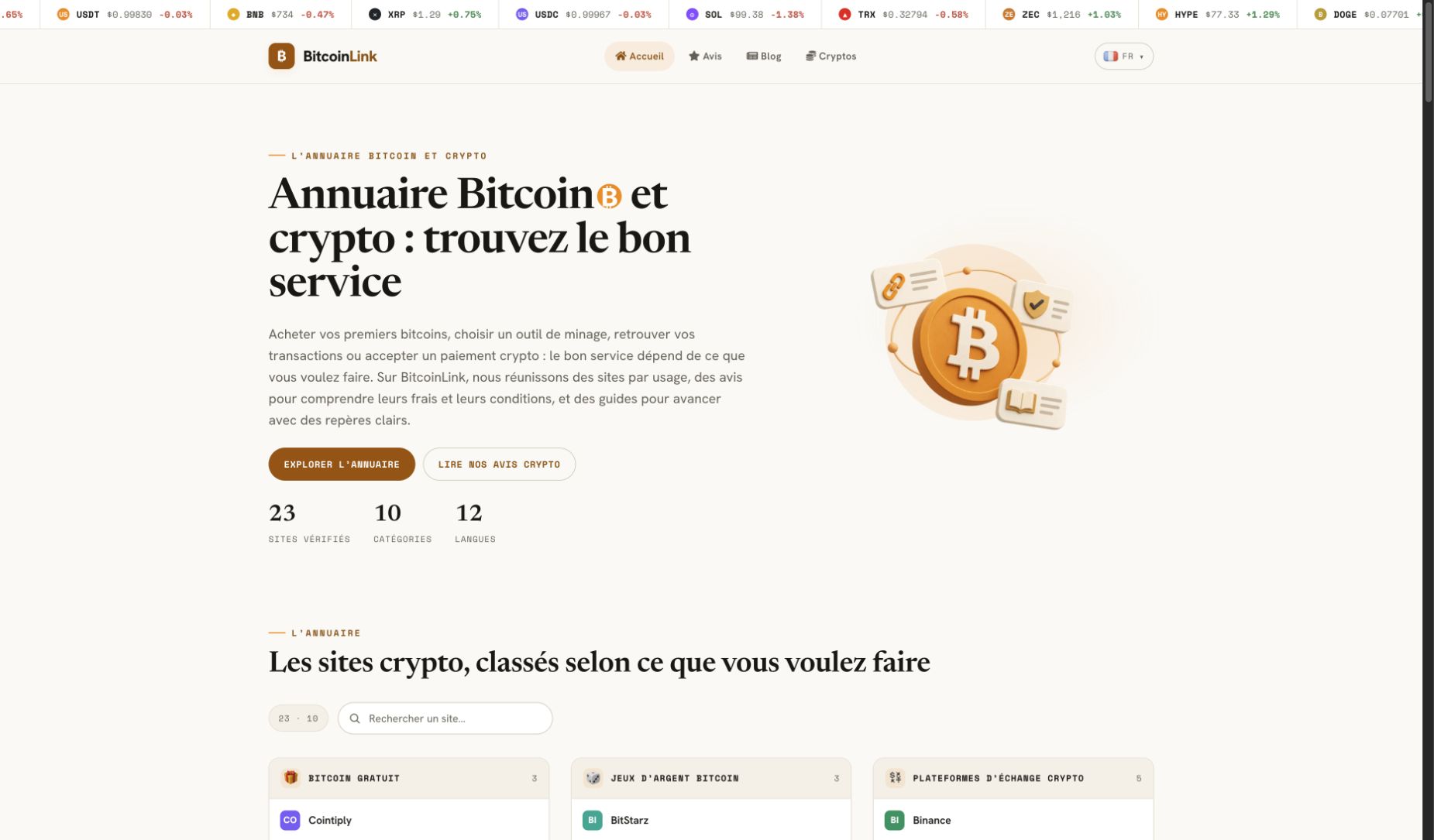 L’accueil BitcoinLink donne accès aux avis, aux guides et aux catégories de services
