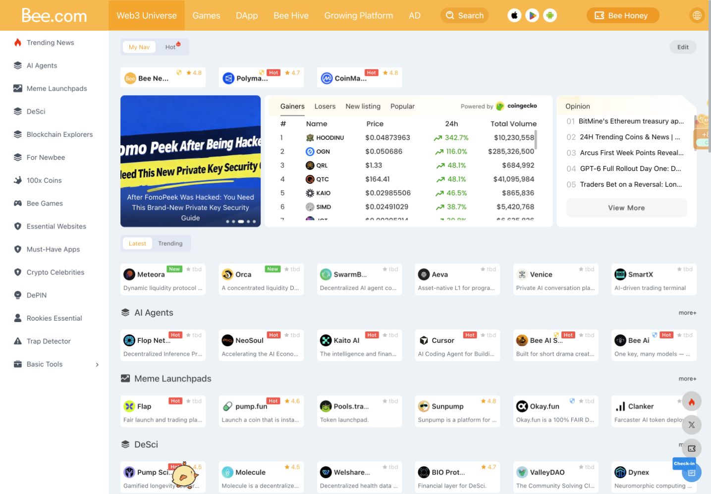 Portal Web3 público Bee Network; BEE y Bee Honey siguen siendo categorías distintas.