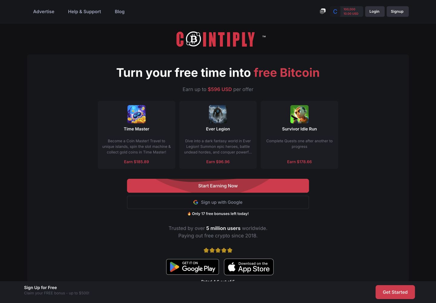 Portada pública Cointiply. Las recompensas anunciadas son promocionales, no ingresos probados por nosotros.