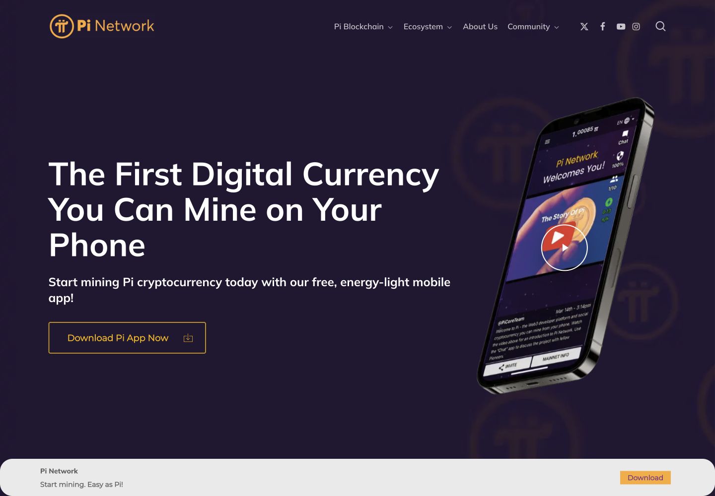Sitio público oficial Pi Network. La participación móvil difiere de la minería Bitcoin.