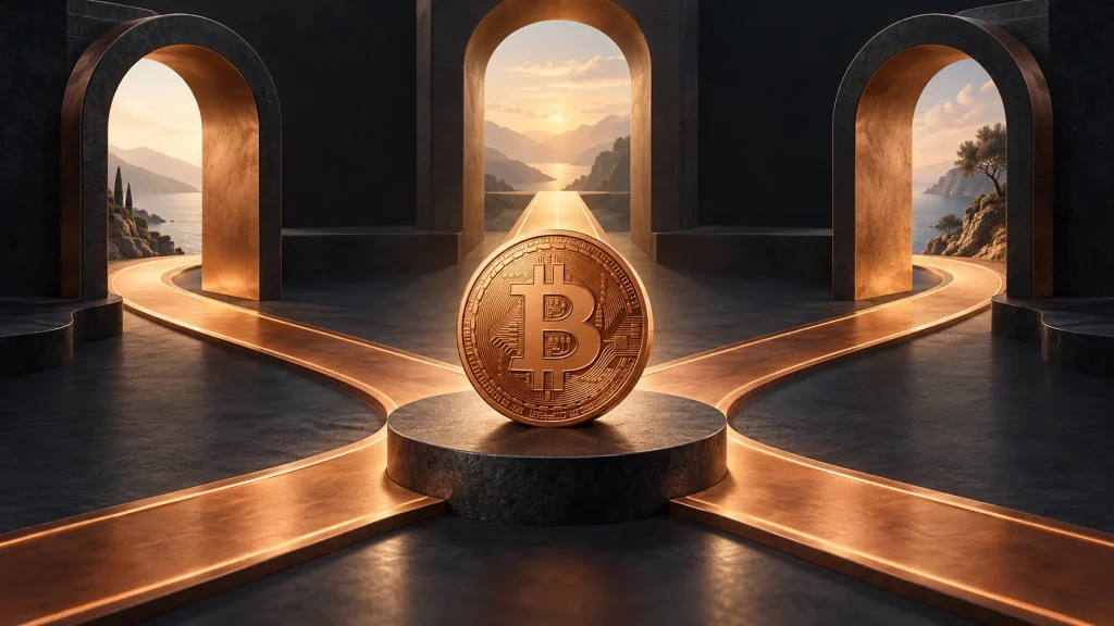 A copper Bitcoin coin at a junction of three paths, illustrating the choice of a buying platform.